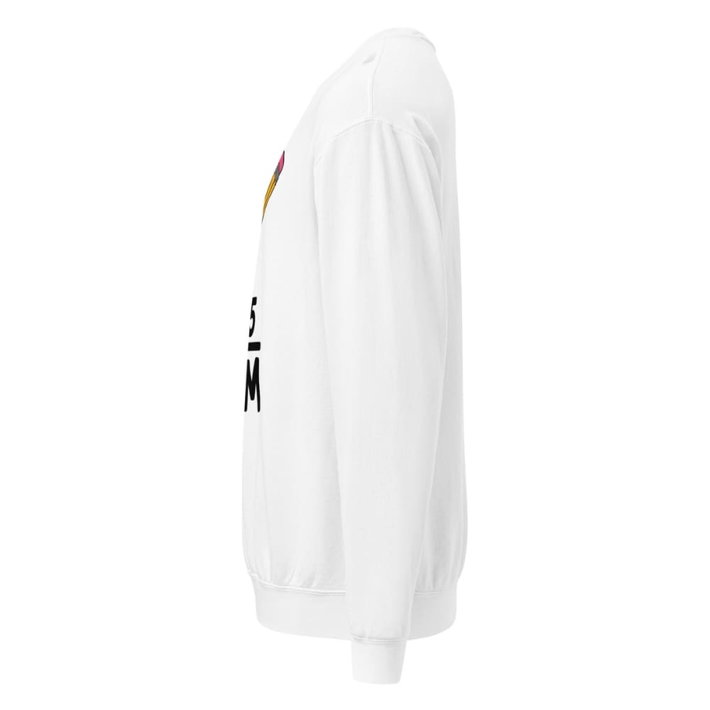 White sweater with colorful designs on the sleeve against a white background