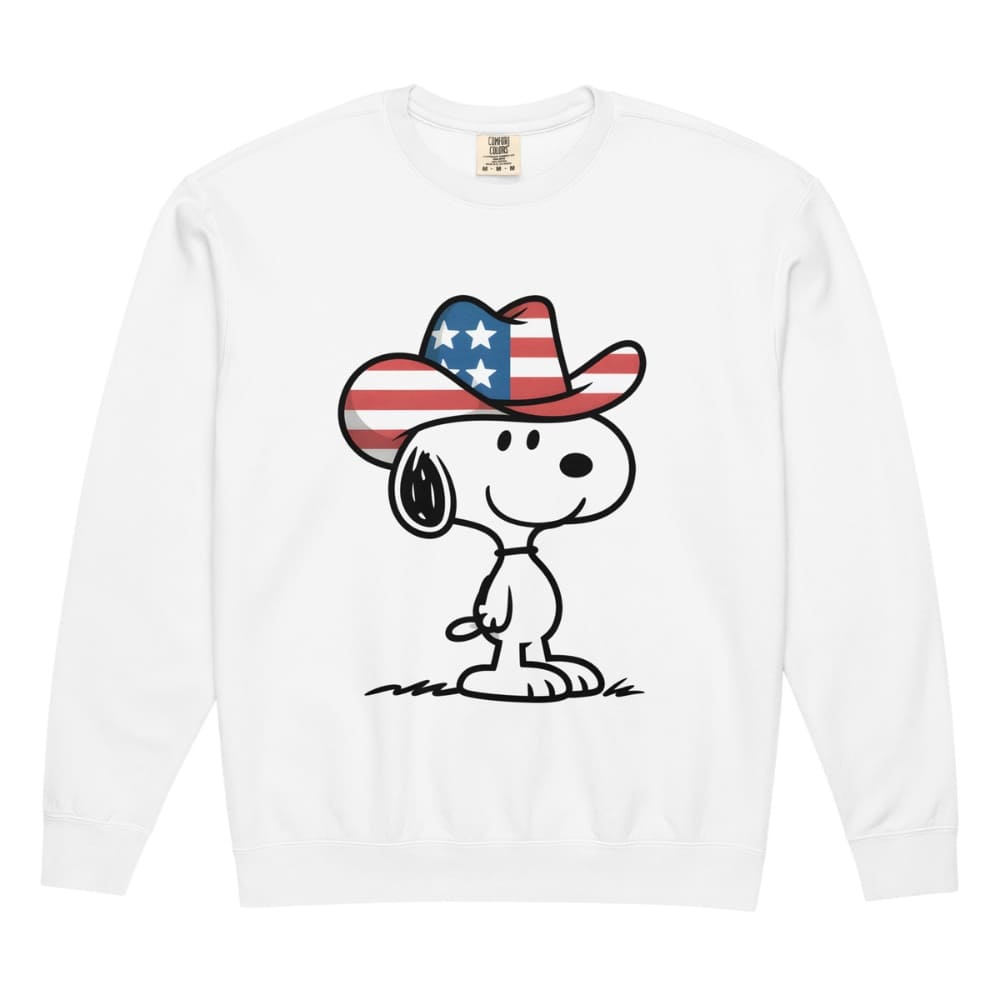 White sweatshirt with a cartoon dog wearing an American flag cowboy hat on a white background