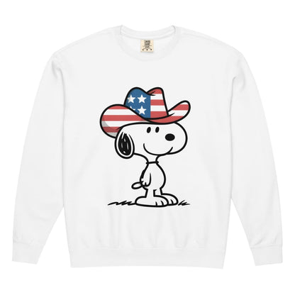 White sweatshirt with a cartoon dog wearing an American flag cowboy hat on a white background