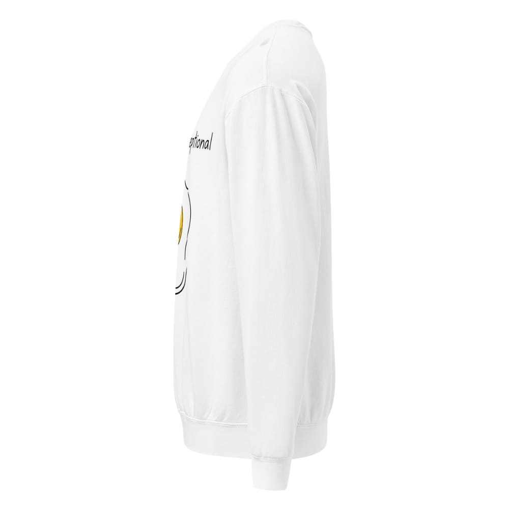 White sweatshirt with a smiley face design on a white background