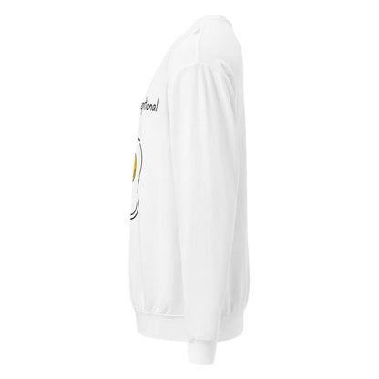 White sweatshirt with a smiley face design on a white background