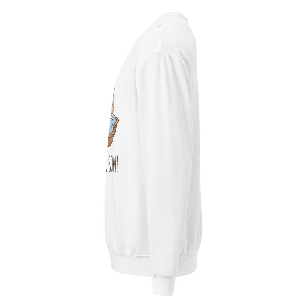 White sweatshirt with a logo on the sleeve against a white background