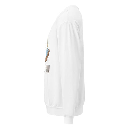 White sweatshirt with a logo on the sleeve against a white background