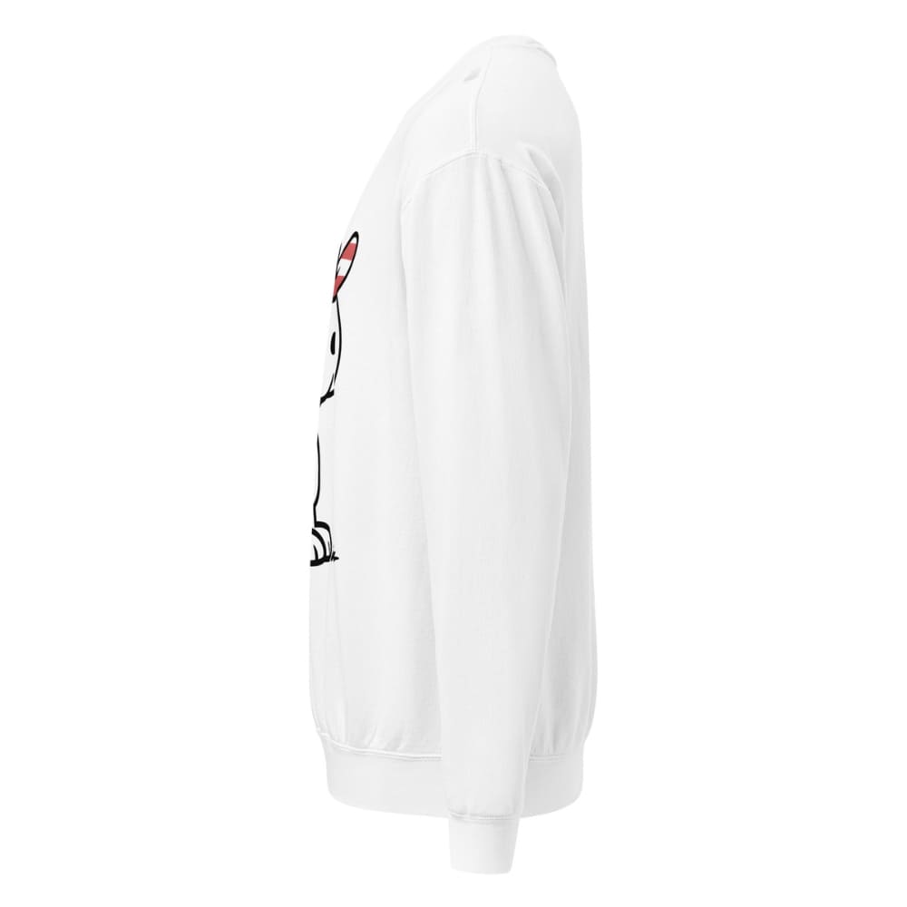 White sweatshirt with a graphic design on the sleeve against a white background