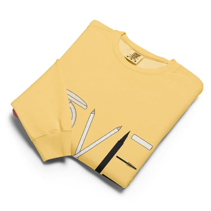 Yellow sweatshirt with graphic design on a white background