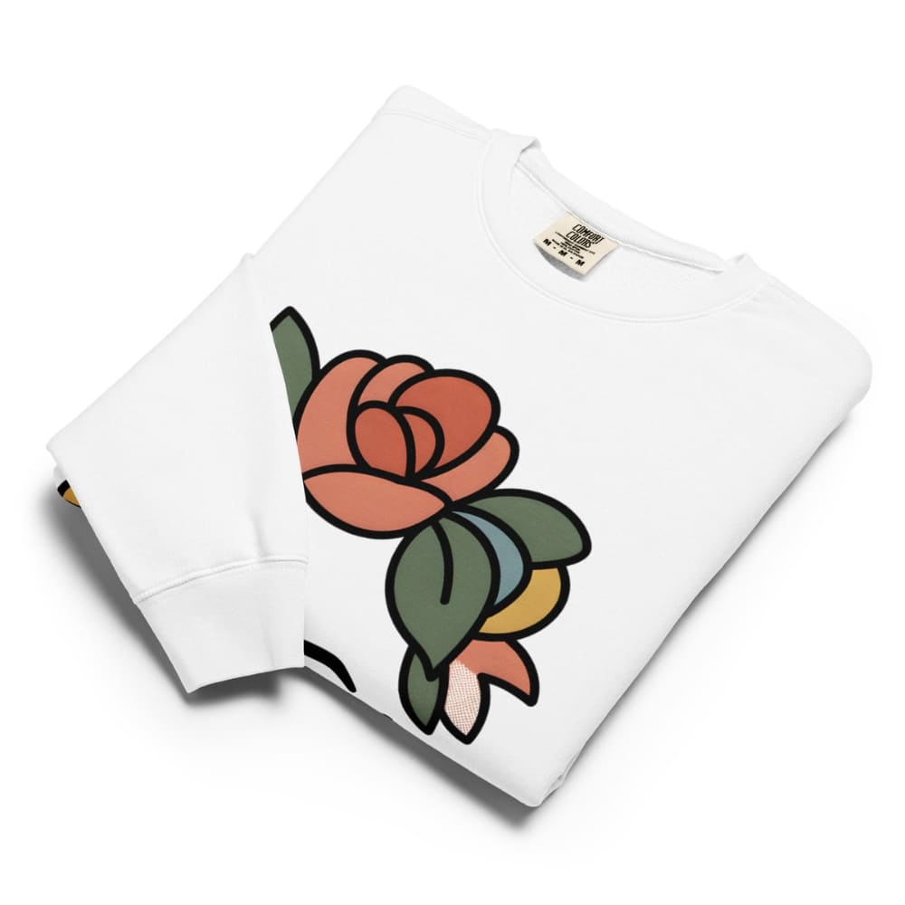 White sweatshirt with a colorful rose design on a white background