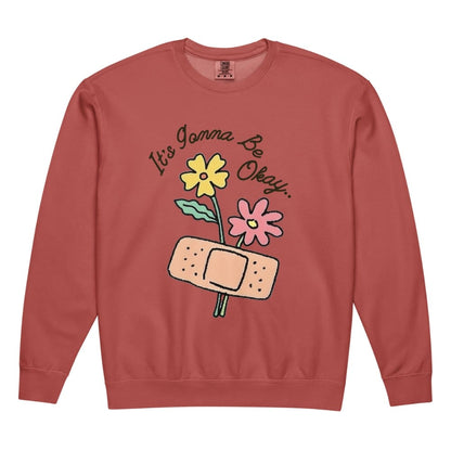 Red sweatshirt with flowers and bandage graphic and 'It's Gonna Be Okay' text on a white background