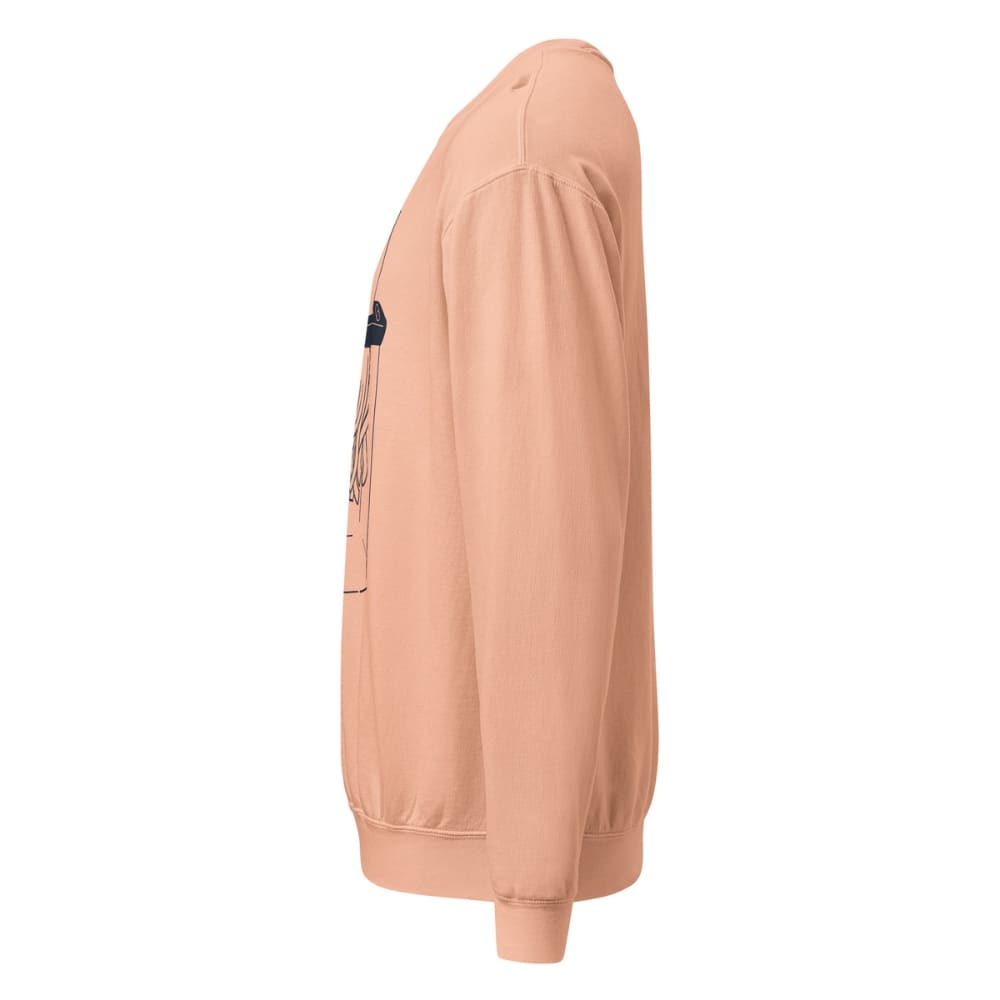 Peach-colored sweatshirt with a logo on the chest against a white background