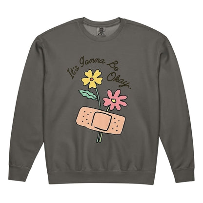 Gray sweatshirt with flowers and bandage graphic and 'It's Gonna Be Okay' text.