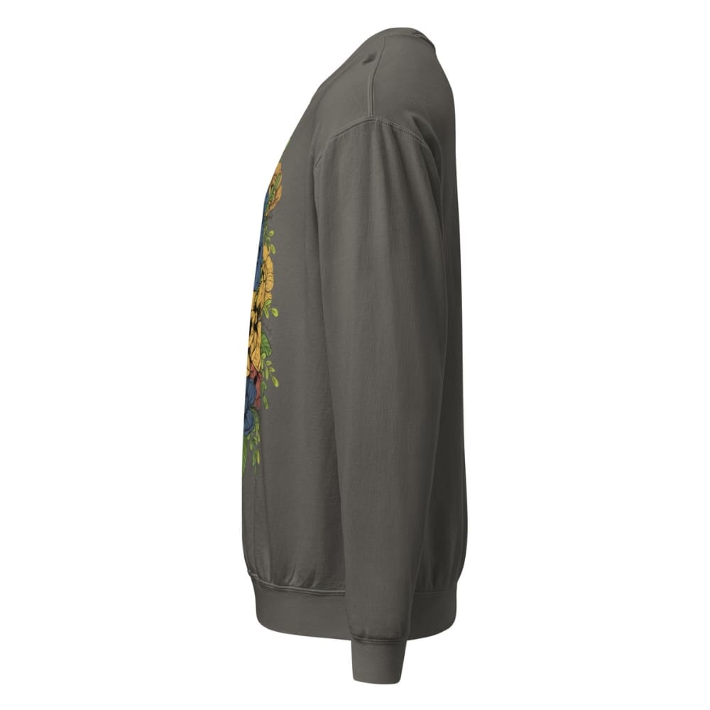 Gray sweatshirt with a logo on the sleeve against a white background