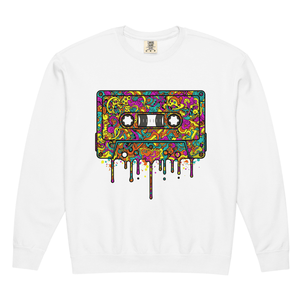 White long-sleeve shirt with a colorful cassette tape graphic on a white background