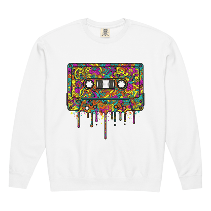 White long-sleeve shirt with a colorful cassette tape graphic on a white background