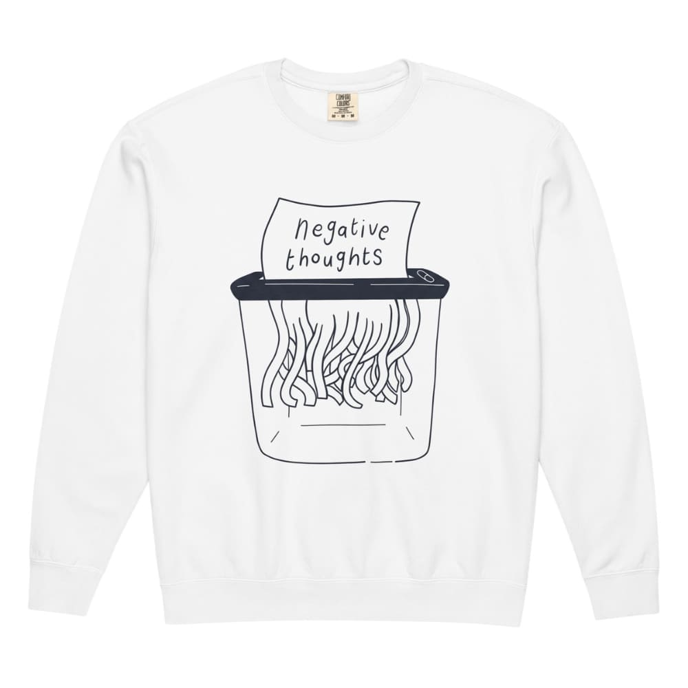 White long-sleeve shirt with a graphic of a trash can labeled 'negative thoughts' on a white background