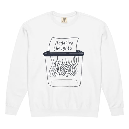 White long-sleeve shirt with a graphic of a trash can labeled 'negative thoughts' on a white background