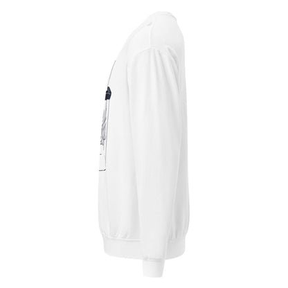 White sweatshirt with black graphic on sleeve against a white background