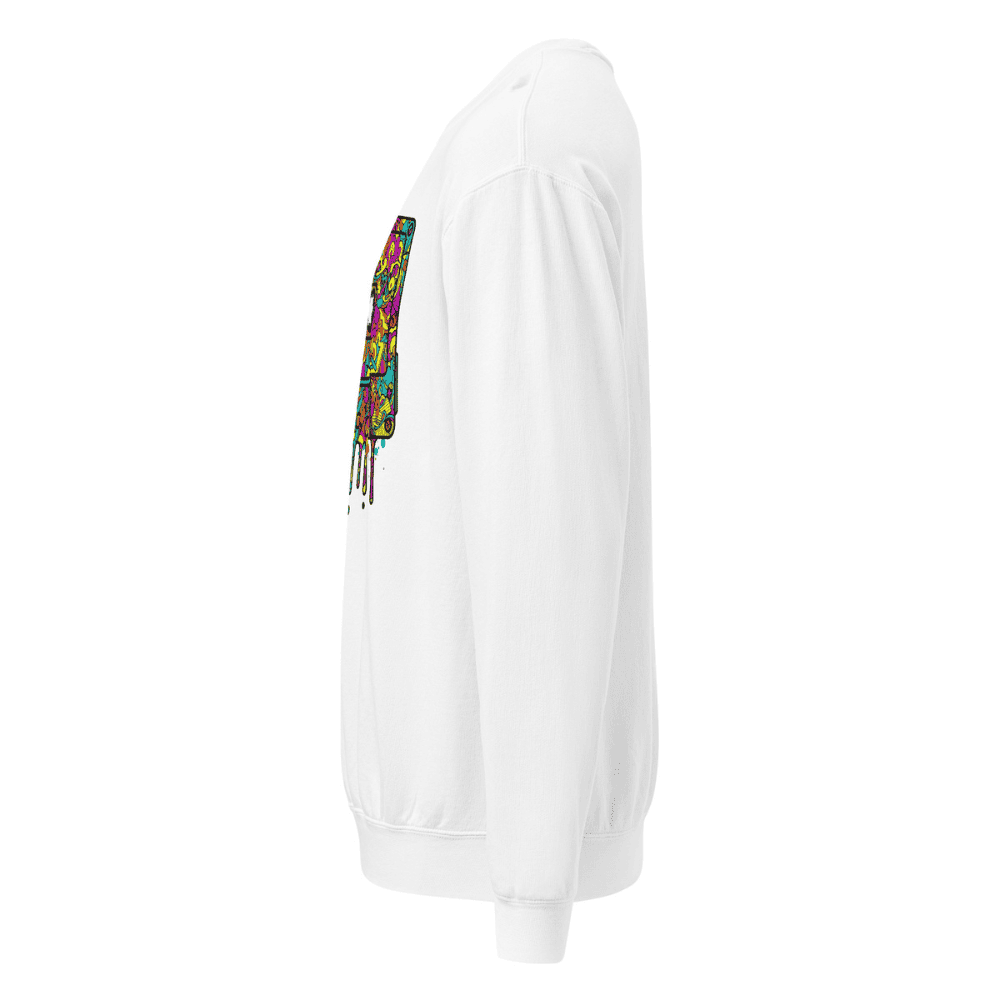 White sweatshirt with colorful pattern on sleeve against a white background