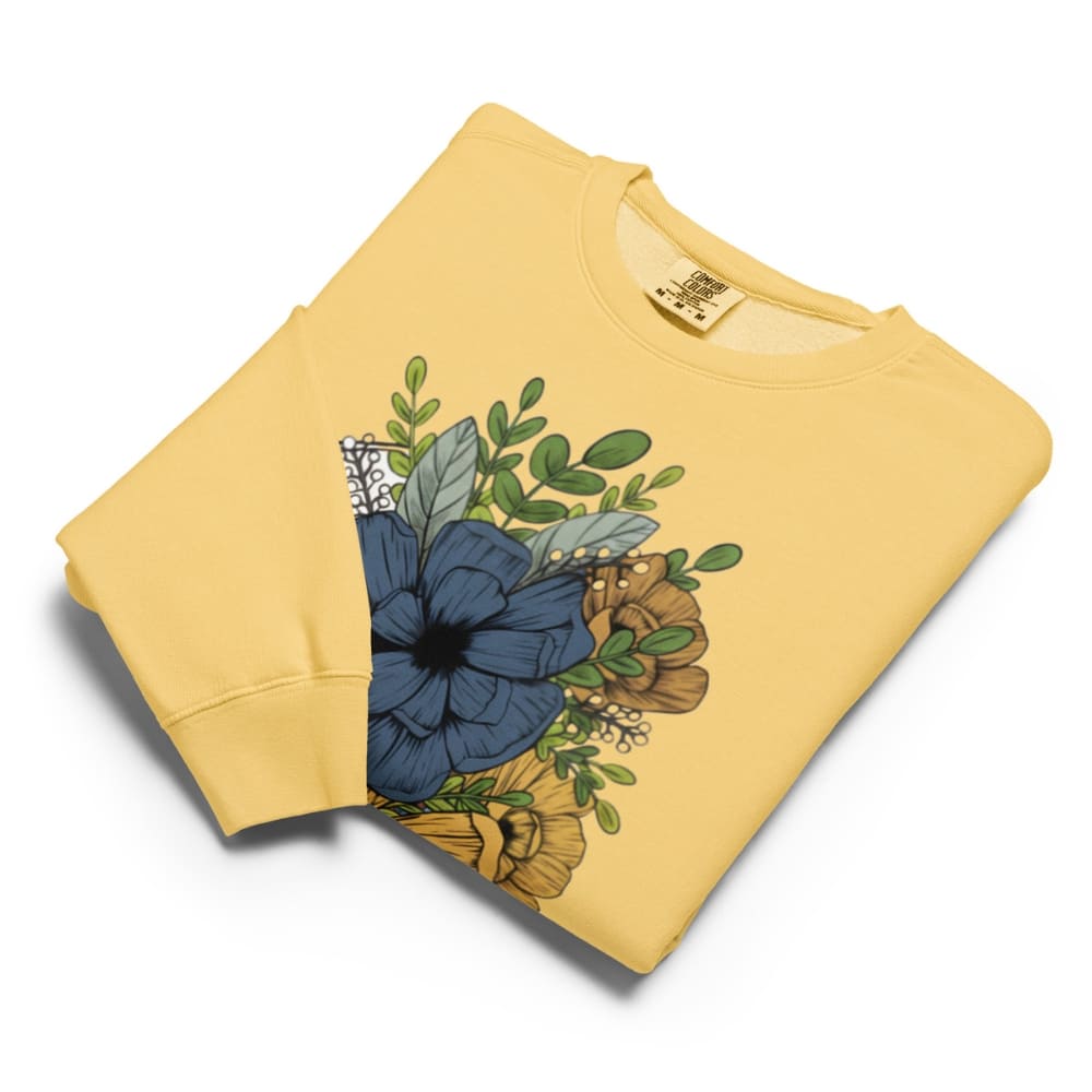 Yellow sweatshirt with floral design on a white background