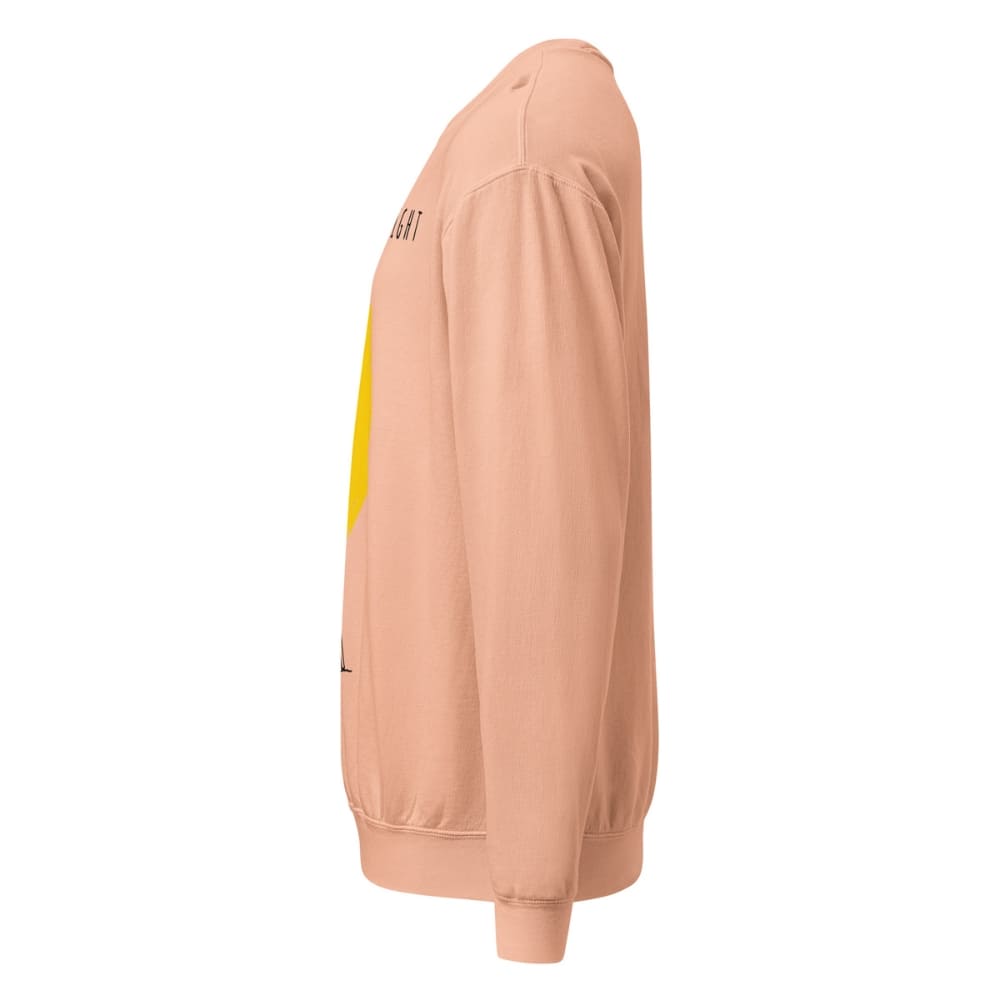 Peach-colored sweatshirt with a yellow stripe on a white background