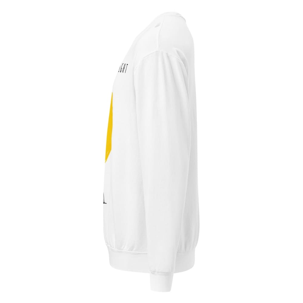 White sweatshirt with a yellow and black design on a white background