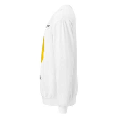 White sweatshirt with a yellow and black design on a white background