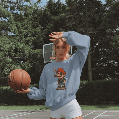 Person wearing a blue sweatshirt with a cartoon character holding a basketball on an outdoor court.