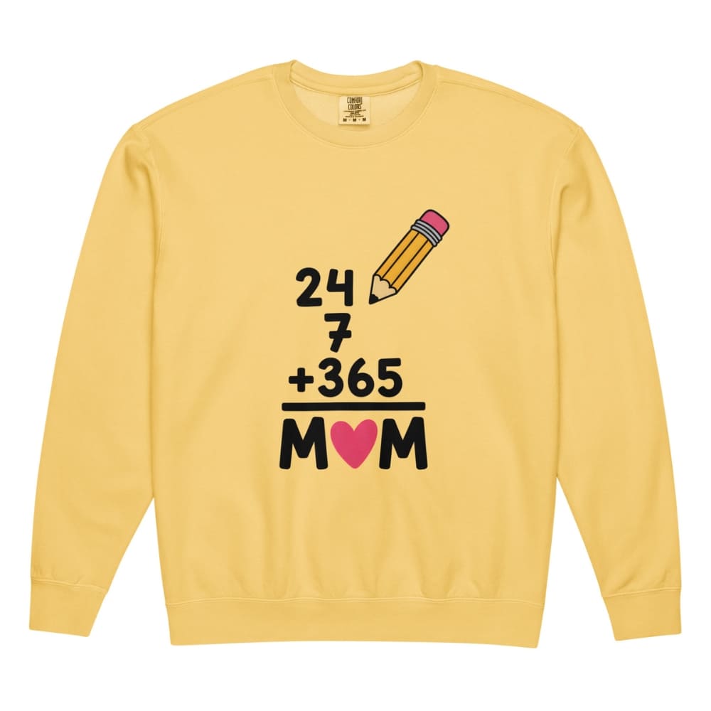 Yellow sweatshirt with a graphic design featuring a pencil, numbers, and a heart on a white background.