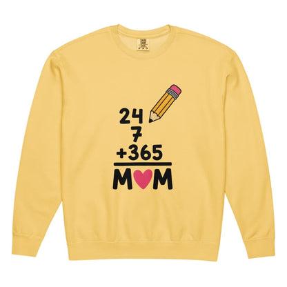 Yellow sweatshirt with a graphic design featuring a pencil, numbers, and a heart on a white background.