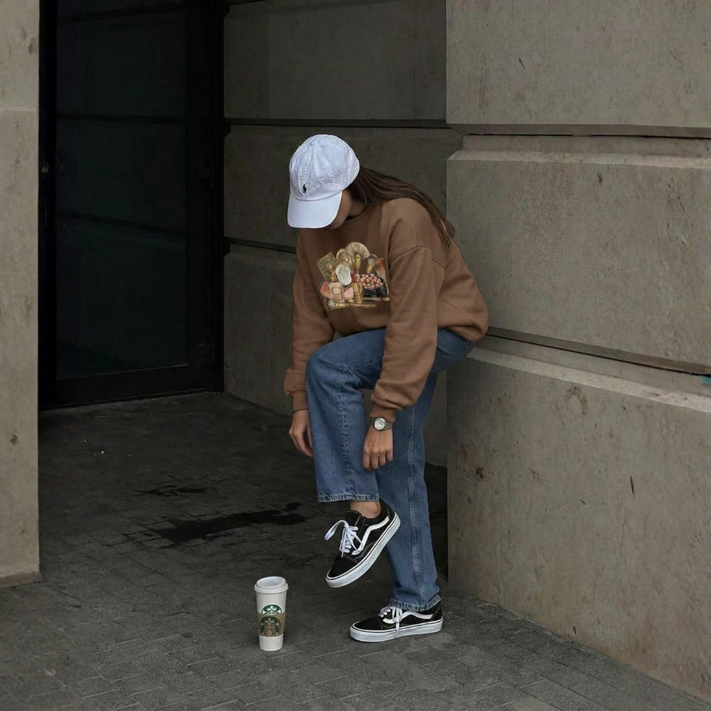 Person sitting on steps wearing a brown sweatshirt and blue jeans, with a Starbucks cup nearby.