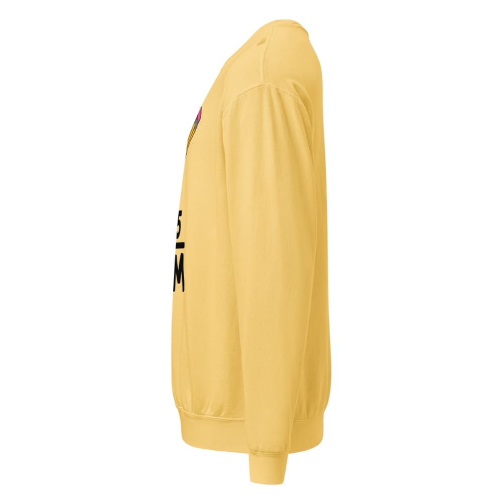 Yellow sweatshirt with black text on a white background