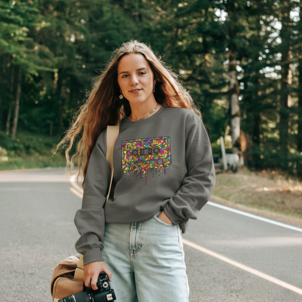 Woman wearing a gray sweatshirt with a colorful design, standing on a road with trees in the background.