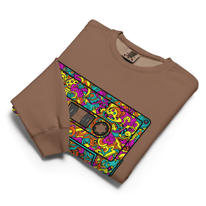 Brown sweatshirt with a colorful cassette tape design on a white background