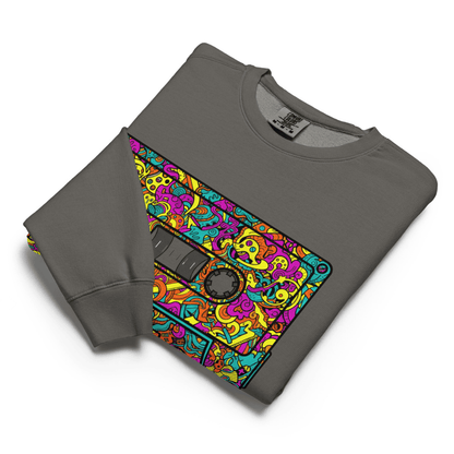 Gray sweatshirt with a colorful cassette tape design on a white background
