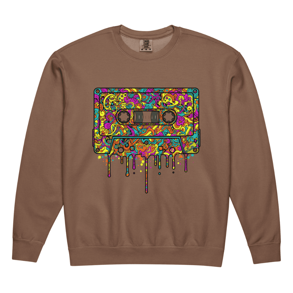 Brown sweatshirt with a colorful cassette tape design on a white background