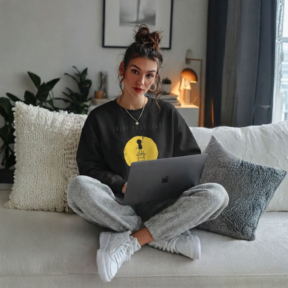 Woman sitting on a couch with a laptop, wearing a black sweatshirt with a yellow design and gray pants.