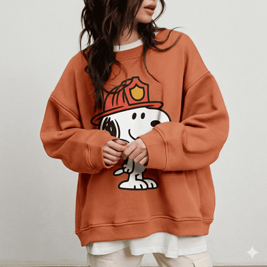 Person wearing a brown sweatshirt with a cartoon character design on a plain background