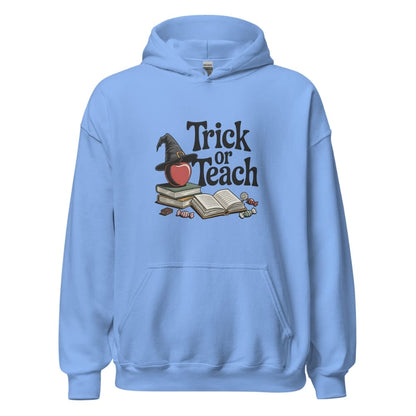 Light blue hoodie with 'Trick or Teach' design featuring a witch hat, books, and an apple on a white background.
