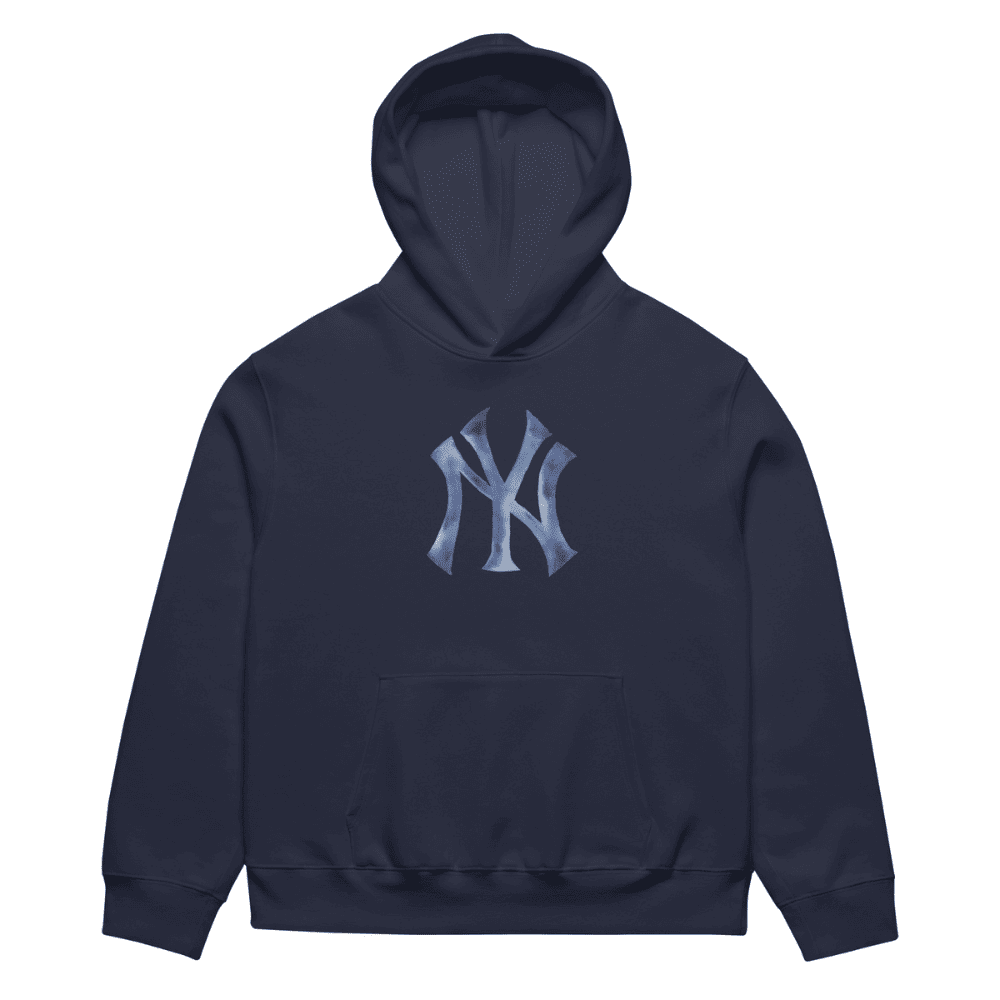 Navy blue hoodie with a logo on a white background