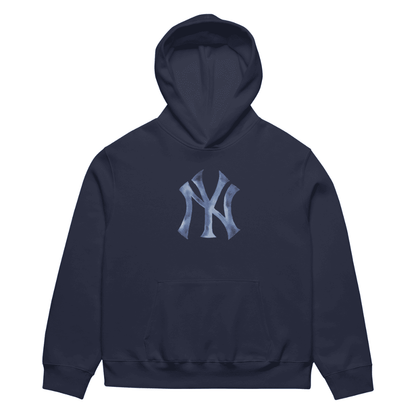 Navy blue hoodie with a logo on a white background