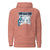 Coral hoodie with graphic design on a white background
