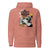 Peach hoodie with graphic design and text on a white background