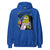 Blue hoodie with a cartoon character holding a bottle and cup on a white background