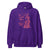 Purple hoodie with a graphic design on the chest against a white background