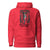 Red hoodie with a graphic design and text 'Haunted Hallways, Healing Hands' on a white background