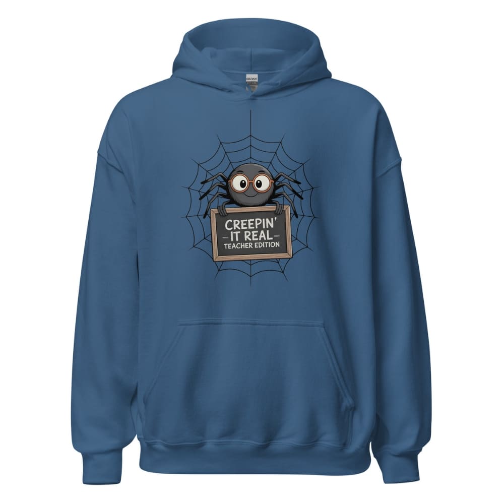 Blue hoodie with spider graphic and text on a white background