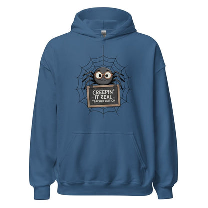 Blue hoodie with spider graphic and text on a white background