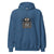 Blue hoodie with spider graphic and text on a white background
