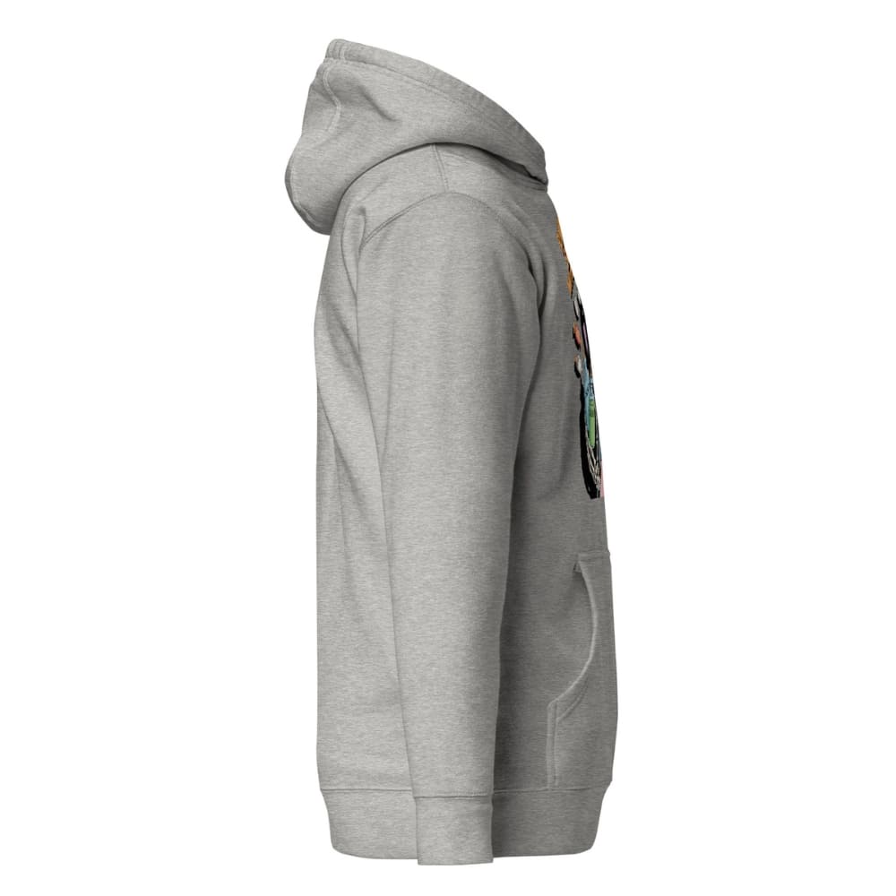 Gray hoodie with colorful patches on a white background