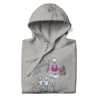 Gray hoodie with a graphic design of a skeleton holding a baby and text on a white background