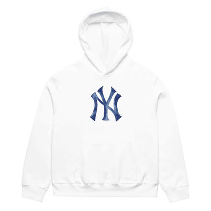 White hoodie with blue logo on a white background