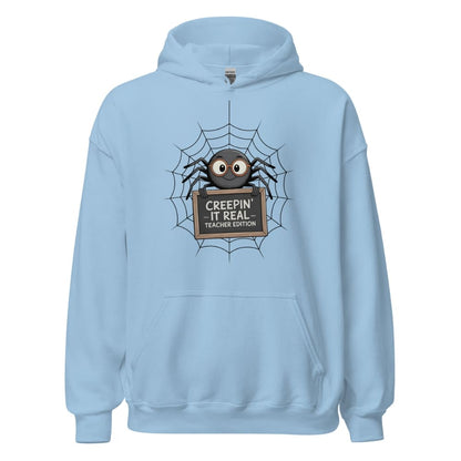 Light blue hoodie with a spider graphic and text on a white background